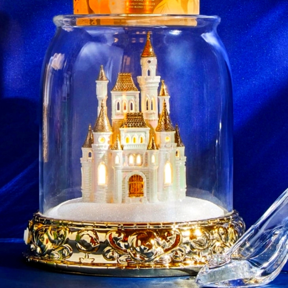 DISNEY Gold and White Castle in Glass Dome CANDLE HOLDER